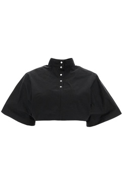 high-neck poplin top with long sleeves