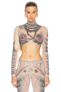 Printed Soleil Long Sleeve High Neck Cropped Top