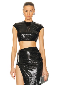 Sleeveless Cut Detail Cropped Sequin Top