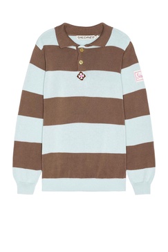 Ole Flower Crochet Detailed Striped Polo Sweater