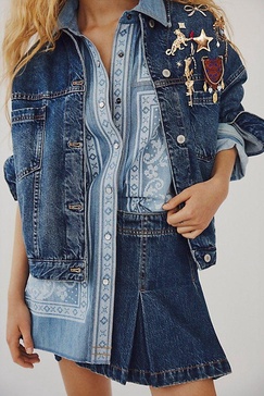 We The Free Lace Embroidered Denim Shirt