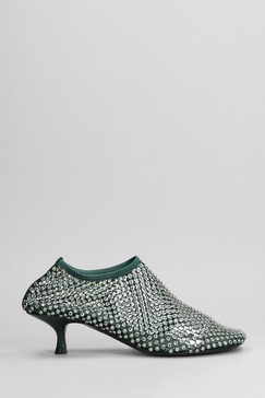 Minette Crystal Low Heels Ankle Boots In Green Nylon