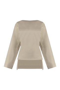 BOTTEGA VENETA Beige Cotton and Silk Poplin Top with Asymmetrical Hem and Ties