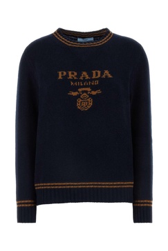 Prada Logo-Intarsia Striped-Trim Crewneck Jumper