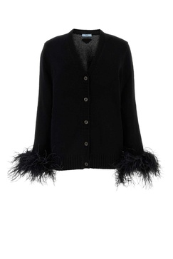 Prada Feather-Trimmed Button Down Cardigan