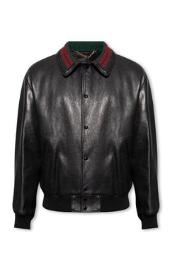 GUCCI Luxurious Black Leather Bomber Jacket with Web Striped Detail for Men - FW23