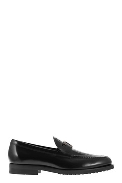 TOD'S Men's Black Semi-Gloss Leather Loafers with Iconic Metal T Accessory