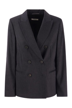 Peserico Wool And Linen Canvas Double-Breasted Blazer in Dark Blue