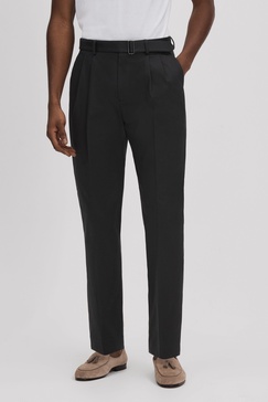 Relaxed Tapered Belted Trousers in Black