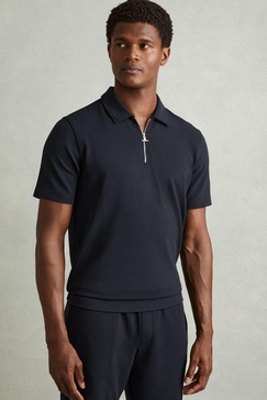 Textured Zip-Neck Polo Shirt in Navy