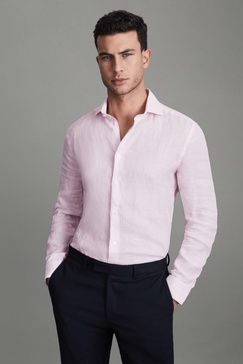 Linen Button-Through Shirt in Soft Pink Fine Stripe