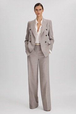 Tailored Wool Blend Double Breasted Suit Blazer in Oatmeal