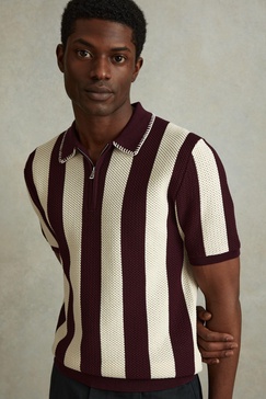 Knitted Half-Zip Polo Shirt in White/Bordeaux