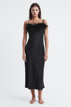 Sleeper Feather Midi Slip Dress in Black