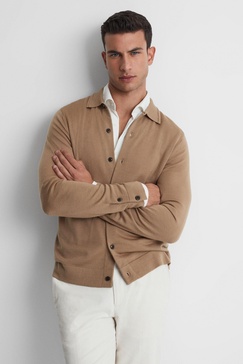 Merino Wool Button-Through Cardigan in Camel