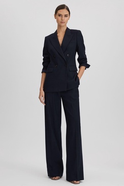 Wool Blend Wide Leg Suit Trousers in Navy