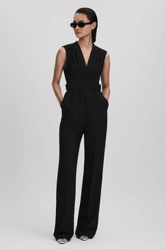 Fitted Belt Strap Jumpsuit in Black