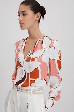 Printed Tie Neck Blouse in Cream/Red