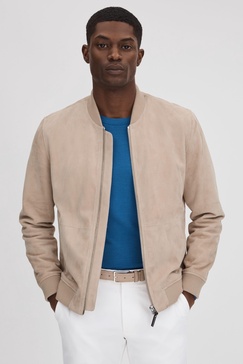 Suede Zip-Through Bomber Jacket in Stone