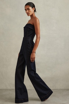 Denim Strapless Wide Leg Jumpsuit in Indigo