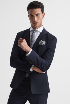 Slim Fit Single Breasted Wool Blazer in Navy