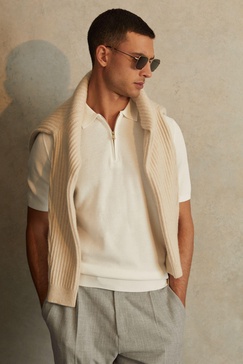 Textured Half-Zip Polo Shirt in White