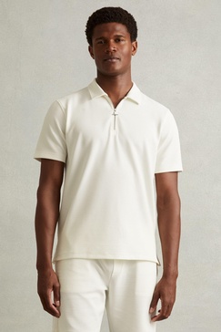 Textured Zip-Neck Polo Shirt in Off White