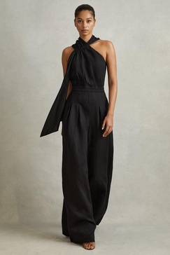 Linen Blend Drape Jumpsuit in Black