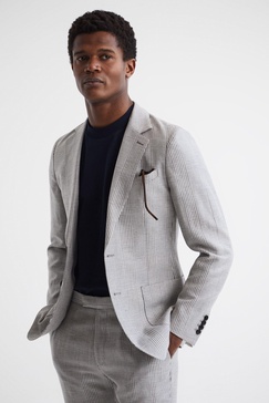 Single Breasted Prince of Wales Check Blazer in Grey