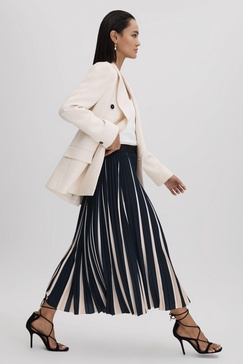 Pleated Striped Midi Skirt in Navy/Cream