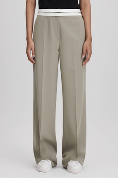 Contrast Waistband Wide Leg Suit Trousers in Green