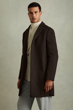 Wool Blend Single Breasted Epsom Overcoat in Chocolate Brown