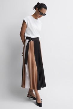 Colourblock Pleated Midi Skirt in Black/Camel