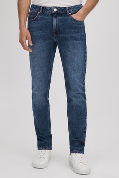 Tapered Slim Fit Washed Jeans in Mid Blue Wash