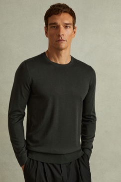 Merino Wool Crew Neck Jumper in Dark Military Green