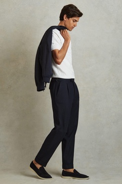 Textured Side Adjuster Regular Fit Trousers with Turn-Ups in Navy