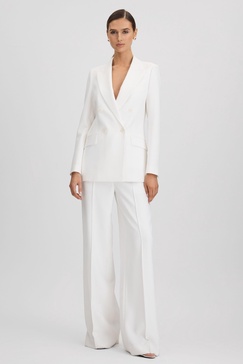 Petite Double Breasted Crepe Suit Blazer in White