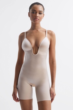 Spanx Shapewear Firming Plunge Low-Back Mid-Thigh Bodysuit in Champagne