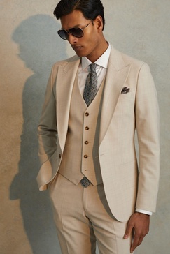 Slim Fit Single Breasted Waistcoat in Stone