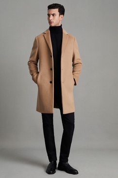 Wool Blend Single Breasted Epsom Overcoat in Camel