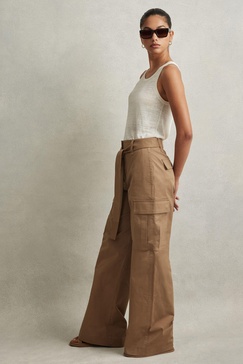 Petite Cotton Blend Wide Leg Cargo Trousers in Camel