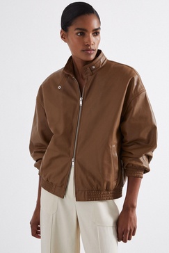 Atelier Leather Latched-Collar Bomber Jacket in Tan