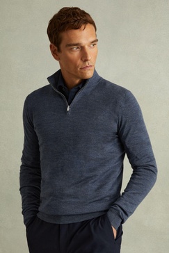 Merino Wool Half-Zip Funnel Neck Jumper in Dark Airforce Blue Melange