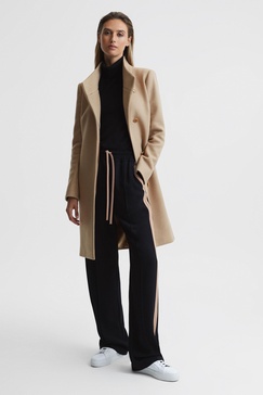 Wool Blend Mid-Length Coat in Camel