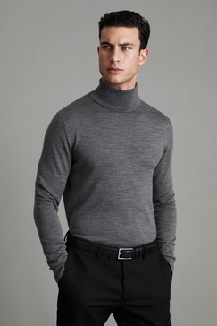 Slim Fit Merino Wool Roll Neck Jumper in Derby Grey Marl