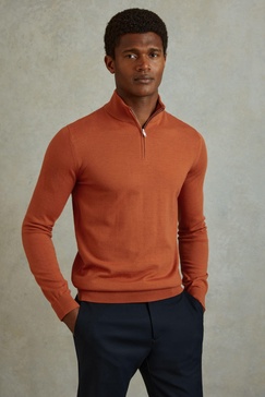 Merino Wool Half-Zip Funnel Neck Jumper in Hot Orange