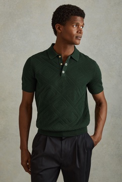 Cotton Textured Press-Stud Polo Shirt in Dark Green