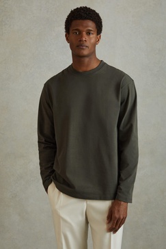 Cotton Crew Neck Long Sleeve T-Shirt in Khaki