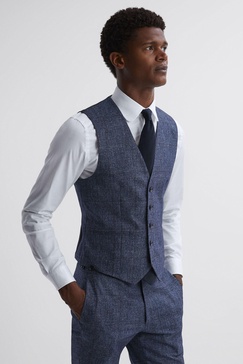 Slim Fit Wool-Linen Check Waistcoat in Indigo