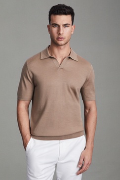 Merino Wool Open Collar Polo Shirt in Camel